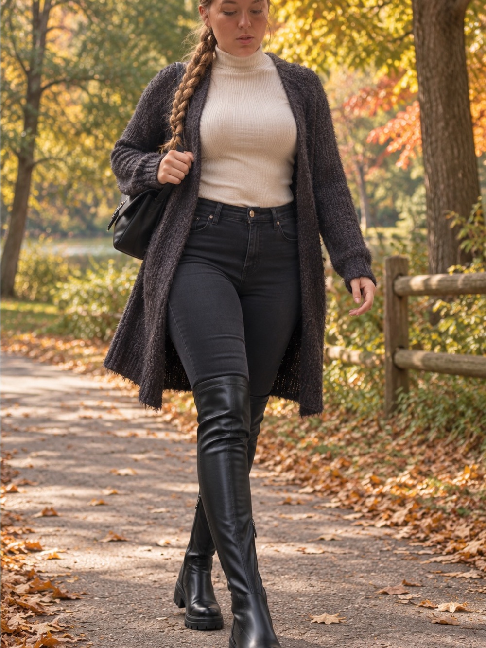 Black Over-the-Knee Chunky Lug-Sole Boots